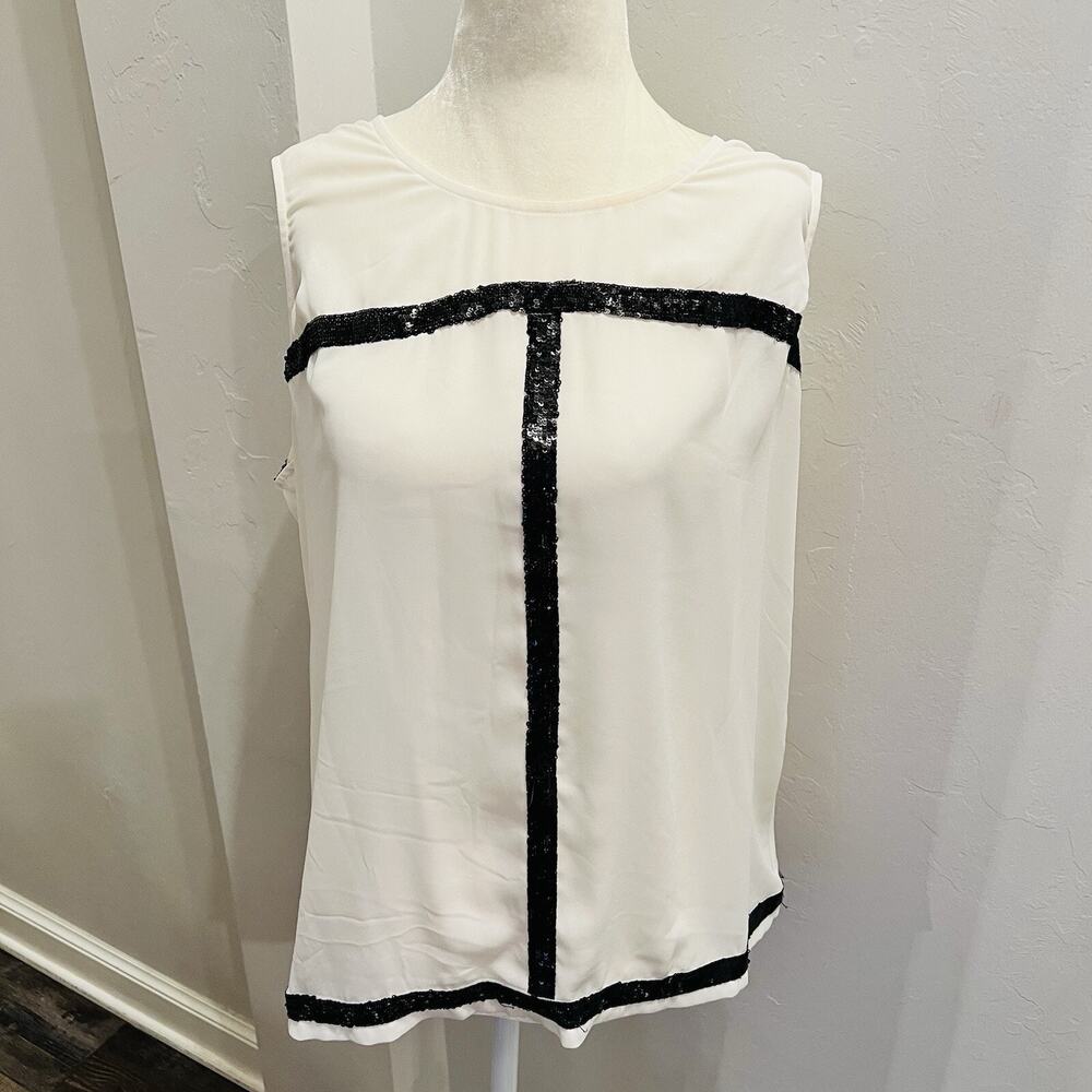 Alfani Womens Size 16 Sleeveless Black sequin detail Blouse Flared Hem White